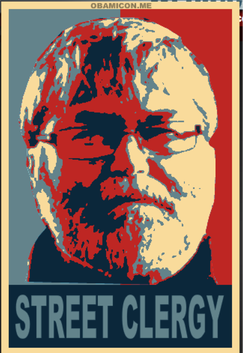 Street Clergy poster: red and teal graphic with white text